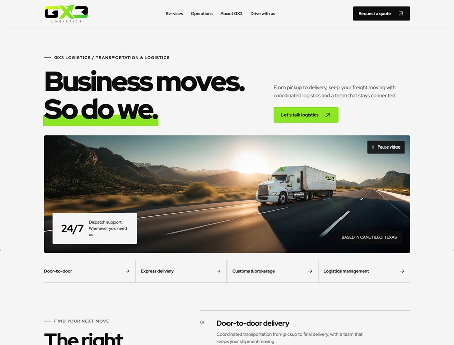 Vista del sitio web de GX3 Logistics